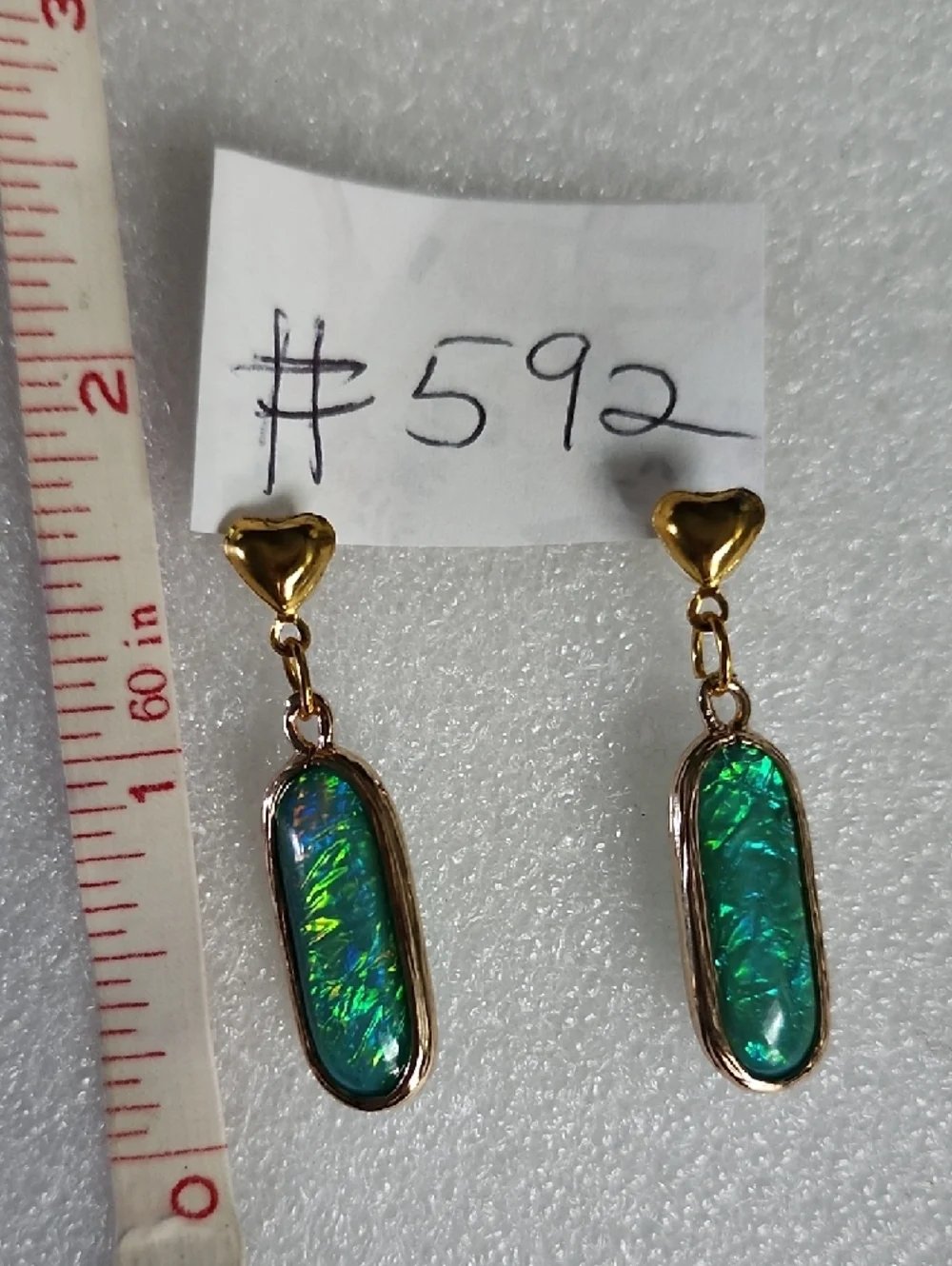 Hand Crafted Gold Heart Dangle Earrings with Blue and Green Opal